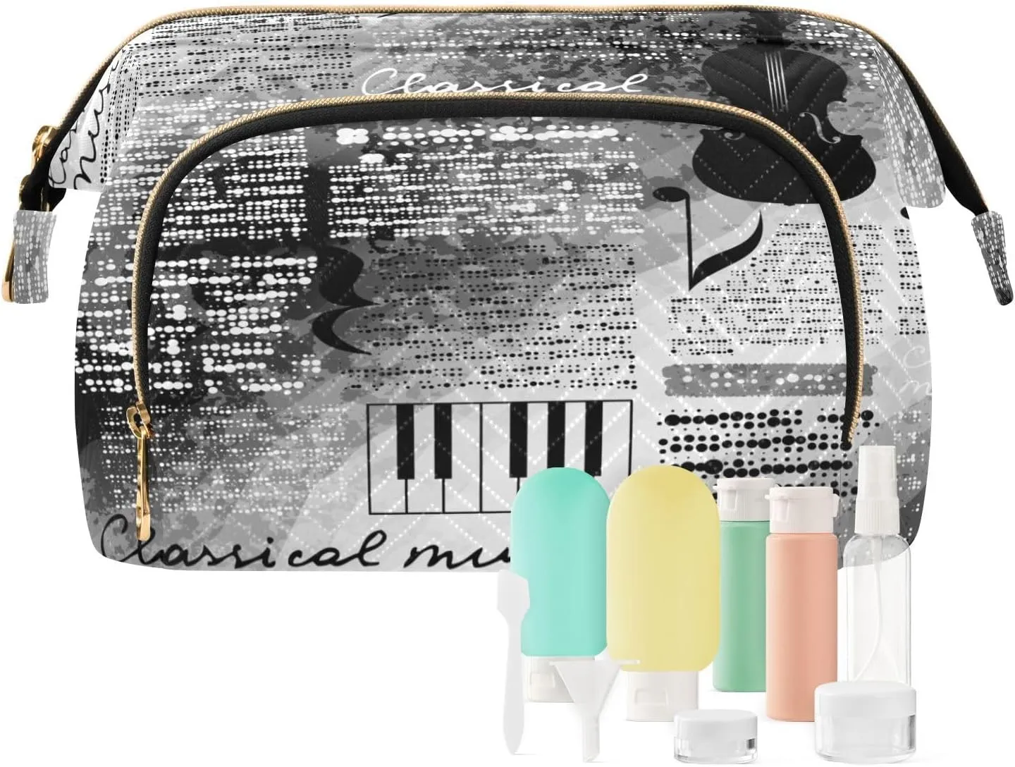 Women Wave Quilt Cosmetic Bag, Storage Pouch Handbag Makeup Case Zipper Toiletry Purse Holder Organizer 10.2x5.9x6.7 in Treble Clef and Music Notes on Blurred Background Style