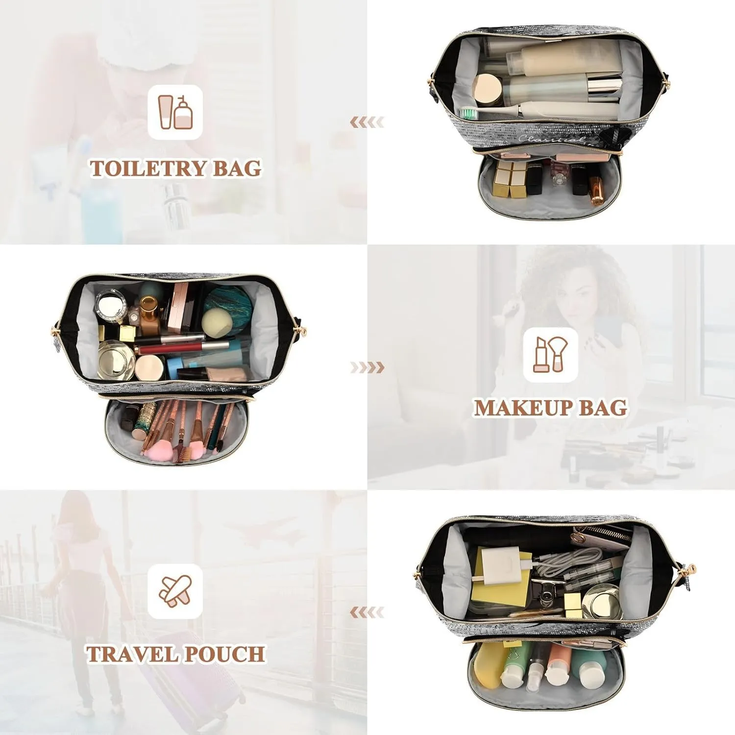 Women Wave Quilt Cosmetic Bag, Storage Pouch Handbag Makeup Case Zipper Toiletry Purse Holder Organizer 10.2x5.9x6.7 in Treble Clef and Music Notes on Blurred Background Style