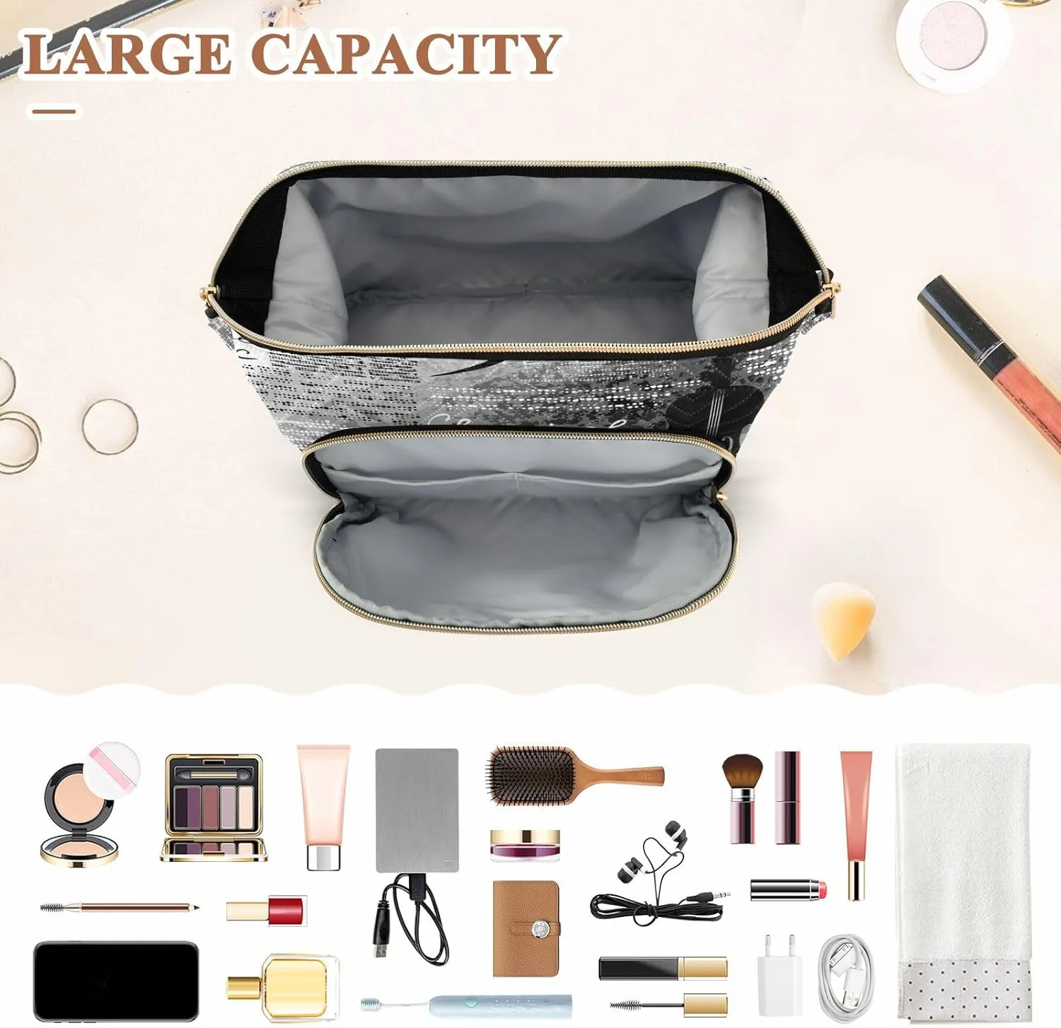 Women Wave Quilt Cosmetic Bag, Storage Pouch Handbag Makeup Case Zipper Toiletry Purse Holder Organizer 10.2x5.9x6.7 in Treble Clef and Music Notes on Blurred Background Style