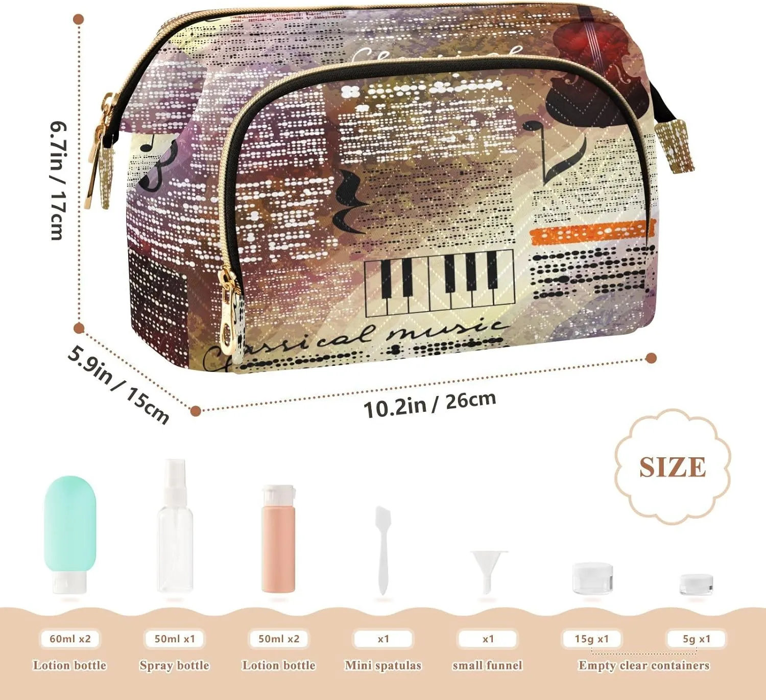 Women Wave Quilt Cosmetic Bag, Storage Pouch Handbag Makeup Case Zipper Toiletry Purse Holder Organizer 10.2x5.9x6.7 in Treble Clef and Music Notes on Blurred Background