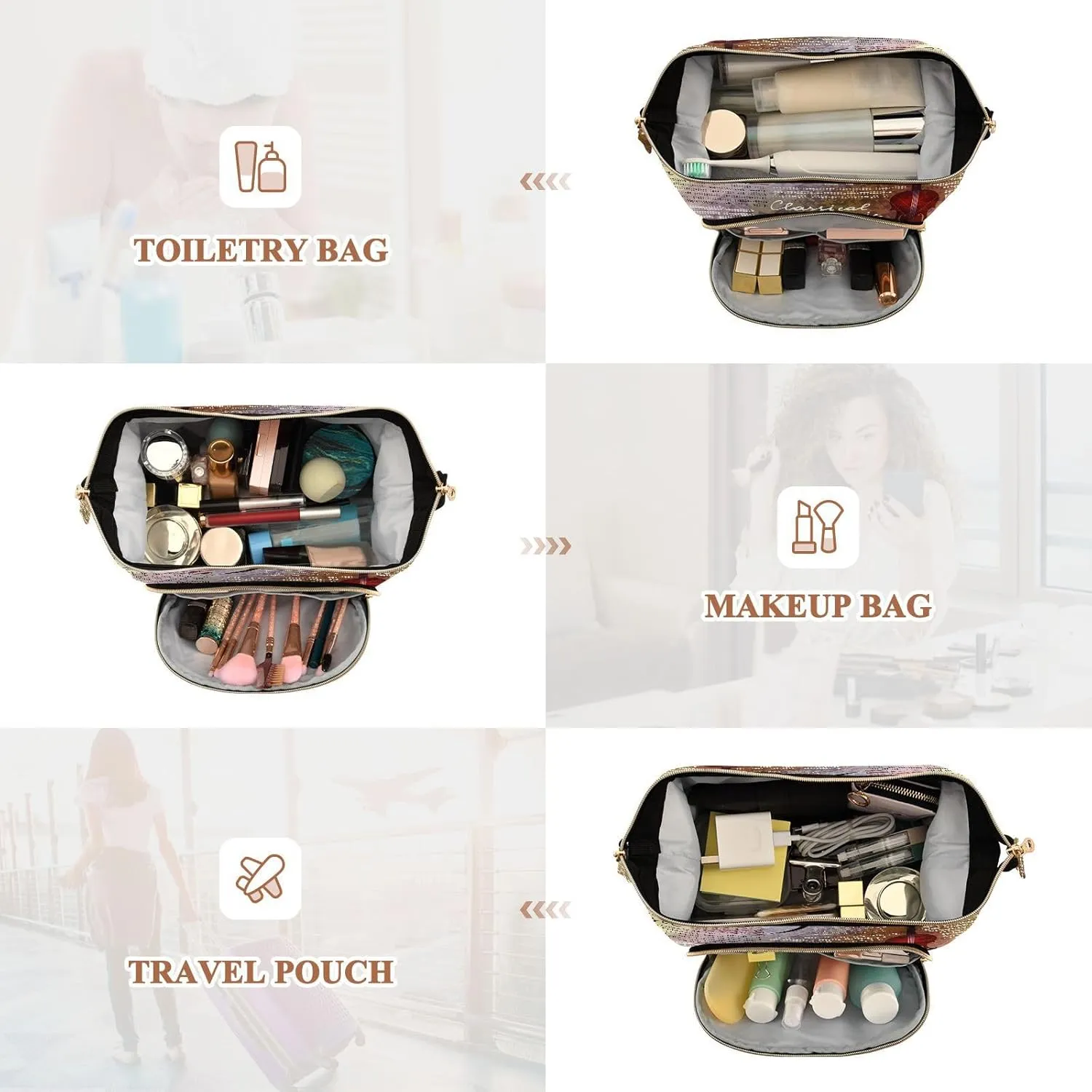 Women Wave Quilt Cosmetic Bag, Storage Pouch Handbag Makeup Case Zipper Toiletry Purse Holder Organizer 10.2x5.9x6.7 in Treble Clef and Music Notes on Blurred Background