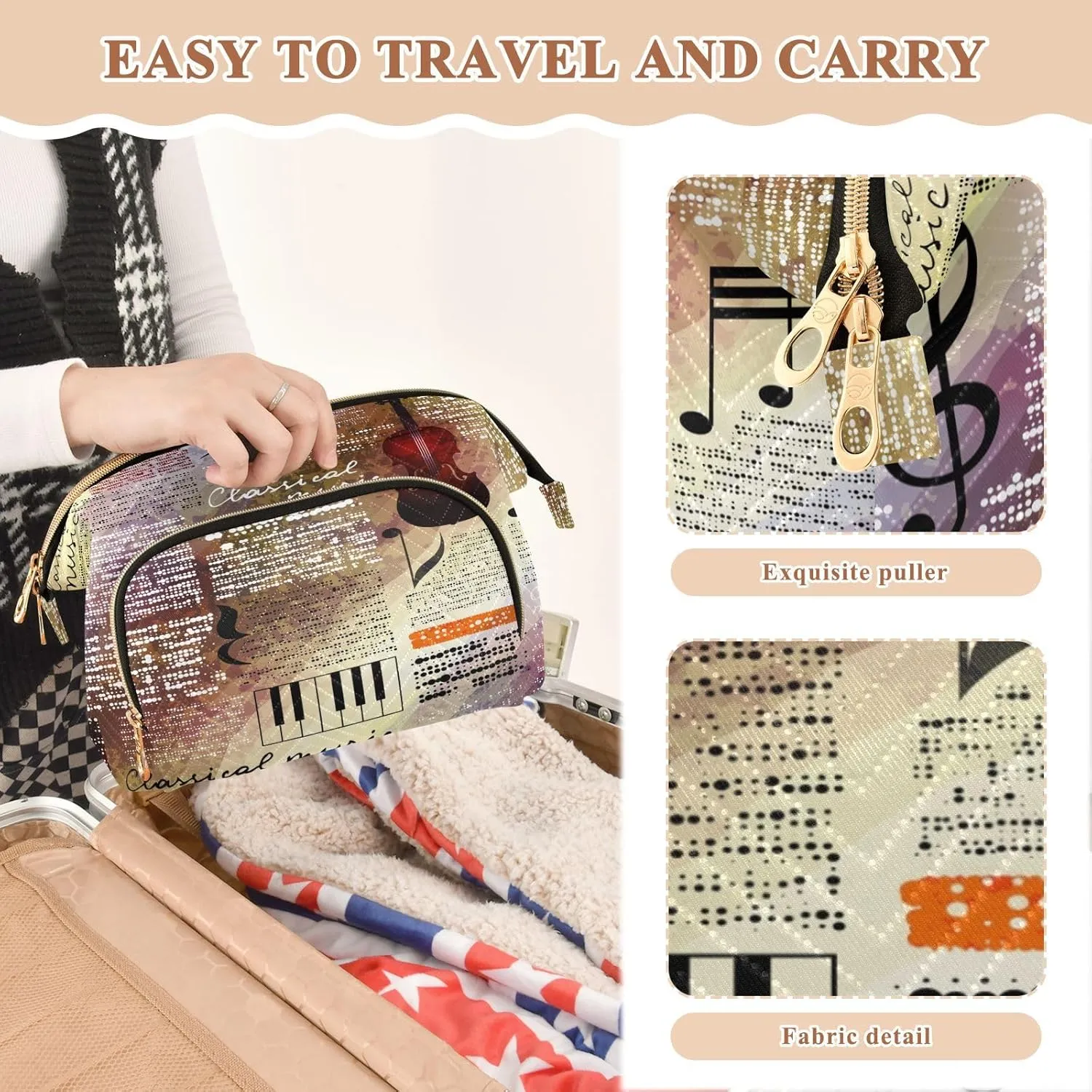 Women Wave Quilt Cosmetic Bag, Storage Pouch Handbag Makeup Case Zipper Toiletry Purse Holder Organizer 10.2x5.9x6.7 in Treble Clef and Music Notes on Blurred Background