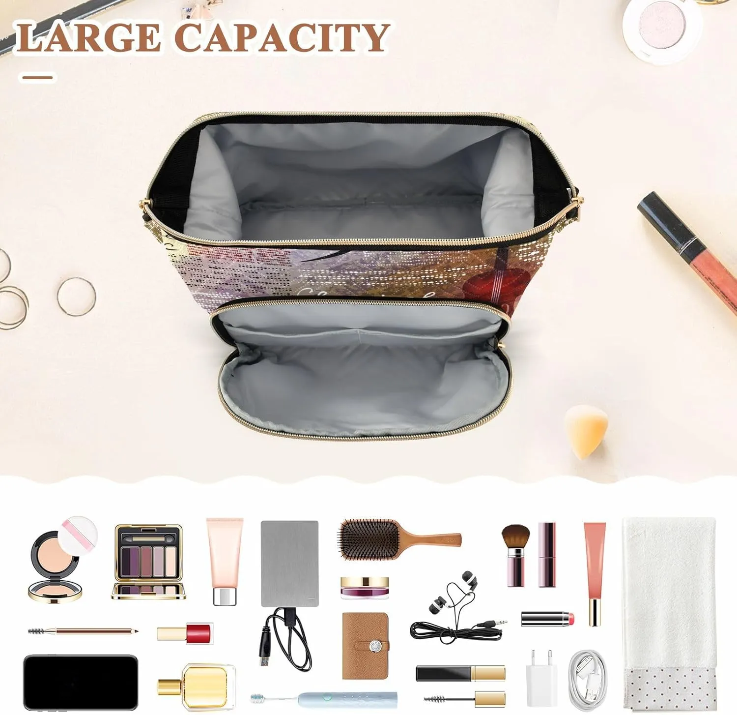 Women Wave Quilt Cosmetic Bag, Storage Pouch Handbag Makeup Case Zipper Toiletry Purse Holder Organizer 10.2x5.9x6.7 in Treble Clef and Music Notes on Blurred Background