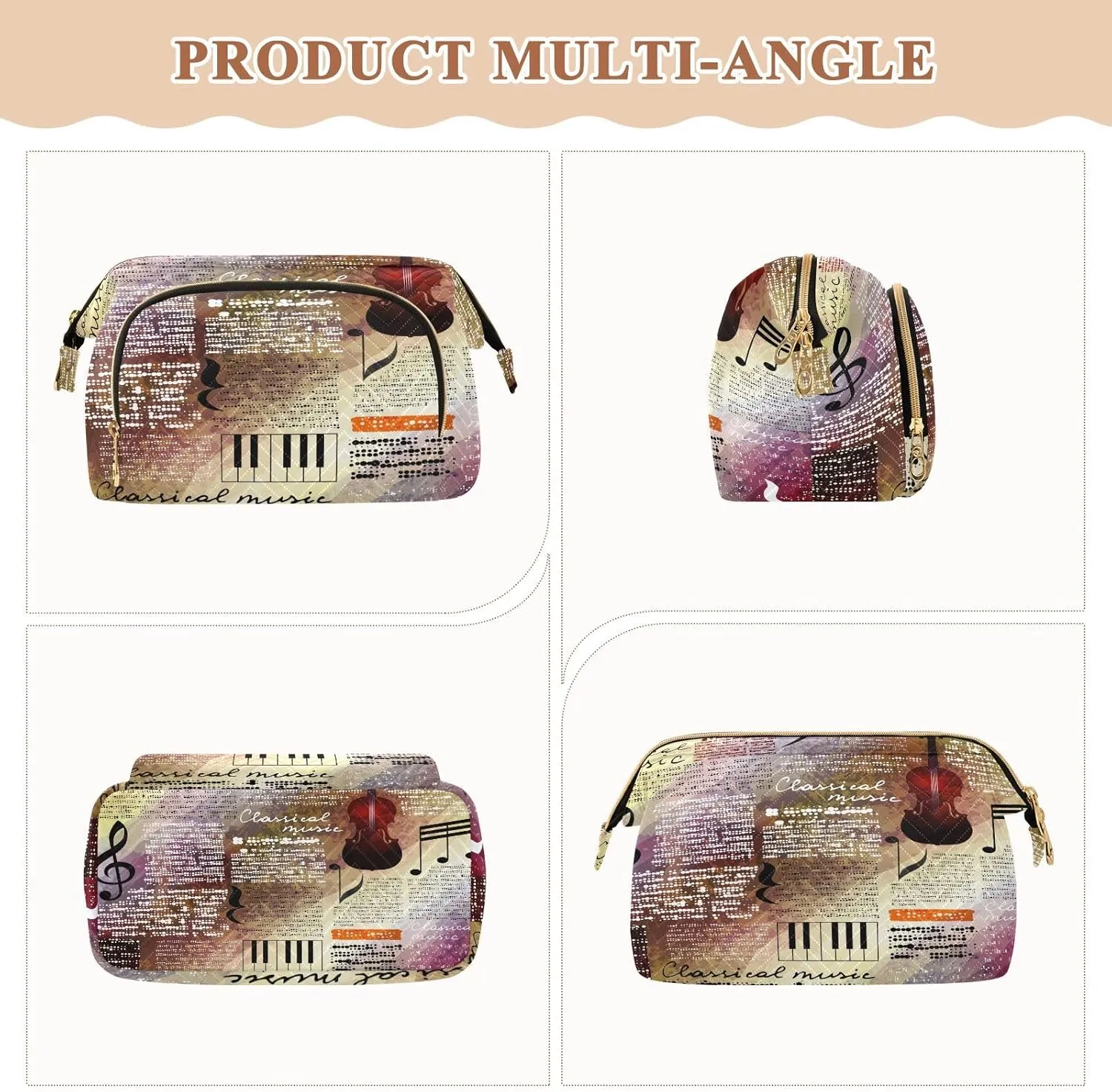 Women Wave Quilt Cosmetic Bag, Storage Pouch Handbag Makeup Case Zipper Toiletry Purse Holder Organizer 10.2x5.9x6.7 in Treble Clef and Music Notes on Blurred Background