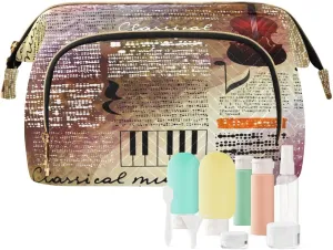 Women Wave Quilt Cosmetic Bag, Storage Pouch Handbag Makeup Case Zipper Toiletry Purse Holder Organizer 10.2x5.9x6.7 in Treble Clef and Music Notes on Blurred Background