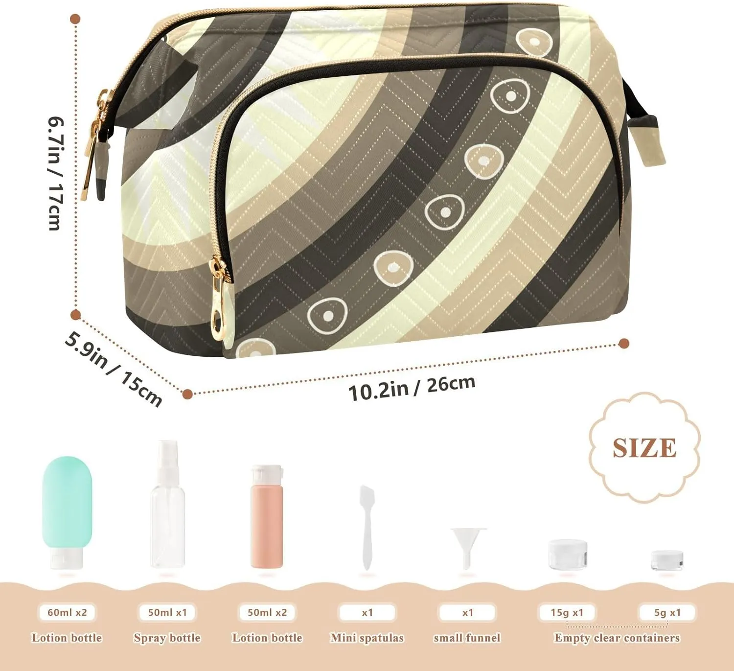 Women Wave Quilt Cosmetic Bag, Storage Pouch Handbag Makeup Case Zipper Toiletry Purse Holder Organizer 10.2x5.9x6.7 in Vintage Jamaica Tribal Ethnic Pattern a Quarter Cycle