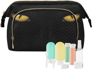 Women Wave Quilt Cosmetic Bag, Storage Pouch Handbag Makeup Case Zipper Toiletry Purse Holder Organizer 10.2x5.9x6.7 in Yellow Scary Monster Isolated on Dark