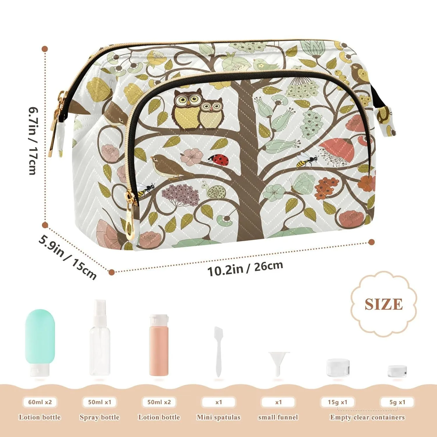 Women Wave Quilt Cosmetic Bag, Zipper Toiletry Storage 10.2x5.9x6.7 in, Pouch Handbag Makeup Case Purse Holder Organizer Print Abstract Art Tree Of Life with Flowers and Birds