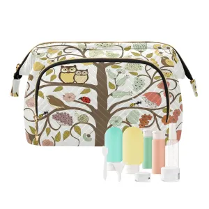 Women Wave Quilt Cosmetic Bag, Zipper Toiletry Storage 10.2x5.9x6.7 in, Pouch Handbag Makeup Case Purse Holder Organizer Print Abstract Art Tree Of Life with Flowers and Birds