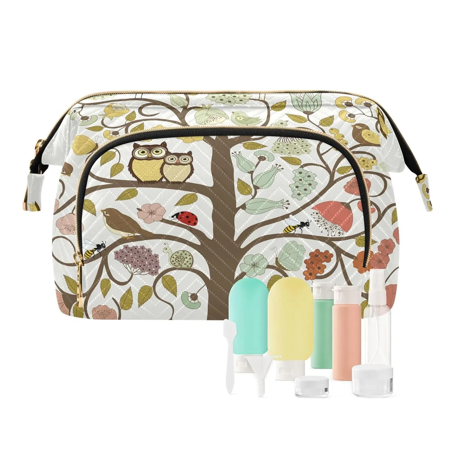 Women Wave Quilt Cosmetic Bag, Zipper Toiletry Storage 10.2x5.9x6.7 in, Pouch Handbag Makeup Case Purse Holder Organizer Print Abstract Art Tree Of Life with Flowers and Birds