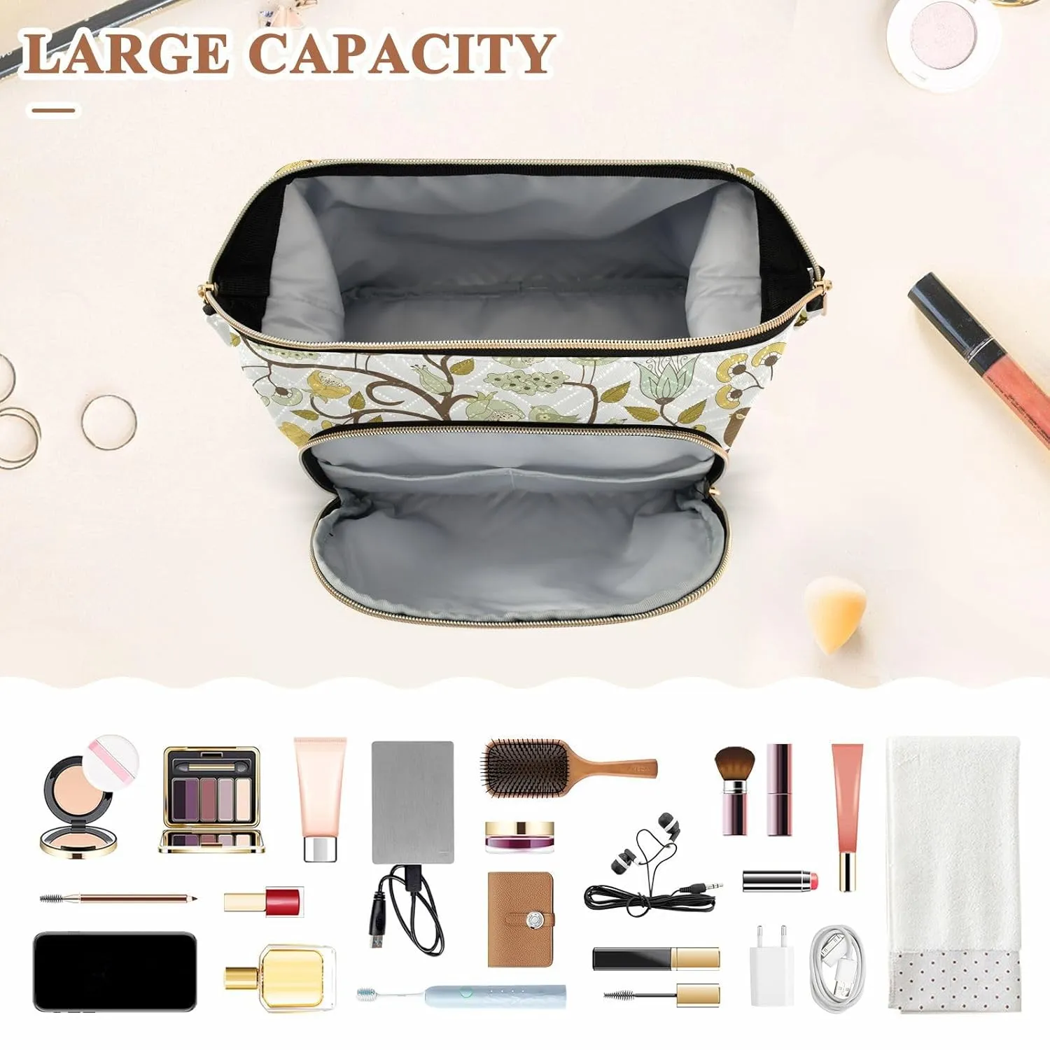 Women Wave Quilt Cosmetic Bag, Zipper Toiletry Storage 10.2x5.9x6.7 in, Pouch Handbag Makeup Case Purse Holder Organizer Print Abstract Art Tree Of Life with Flowers and Birds