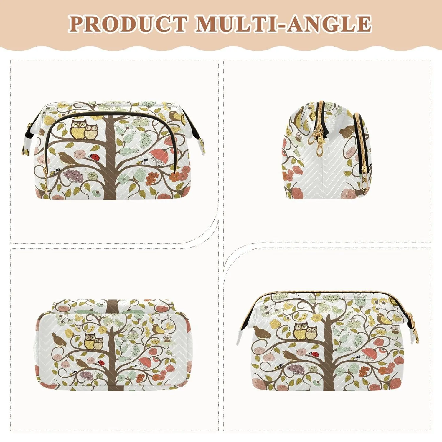 Women Wave Quilt Cosmetic Bag, Zipper Toiletry Storage 10.2x5.9x6.7 in, Pouch Handbag Makeup Case Purse Holder Organizer Print Abstract Art Tree Of Life with Flowers and Birds