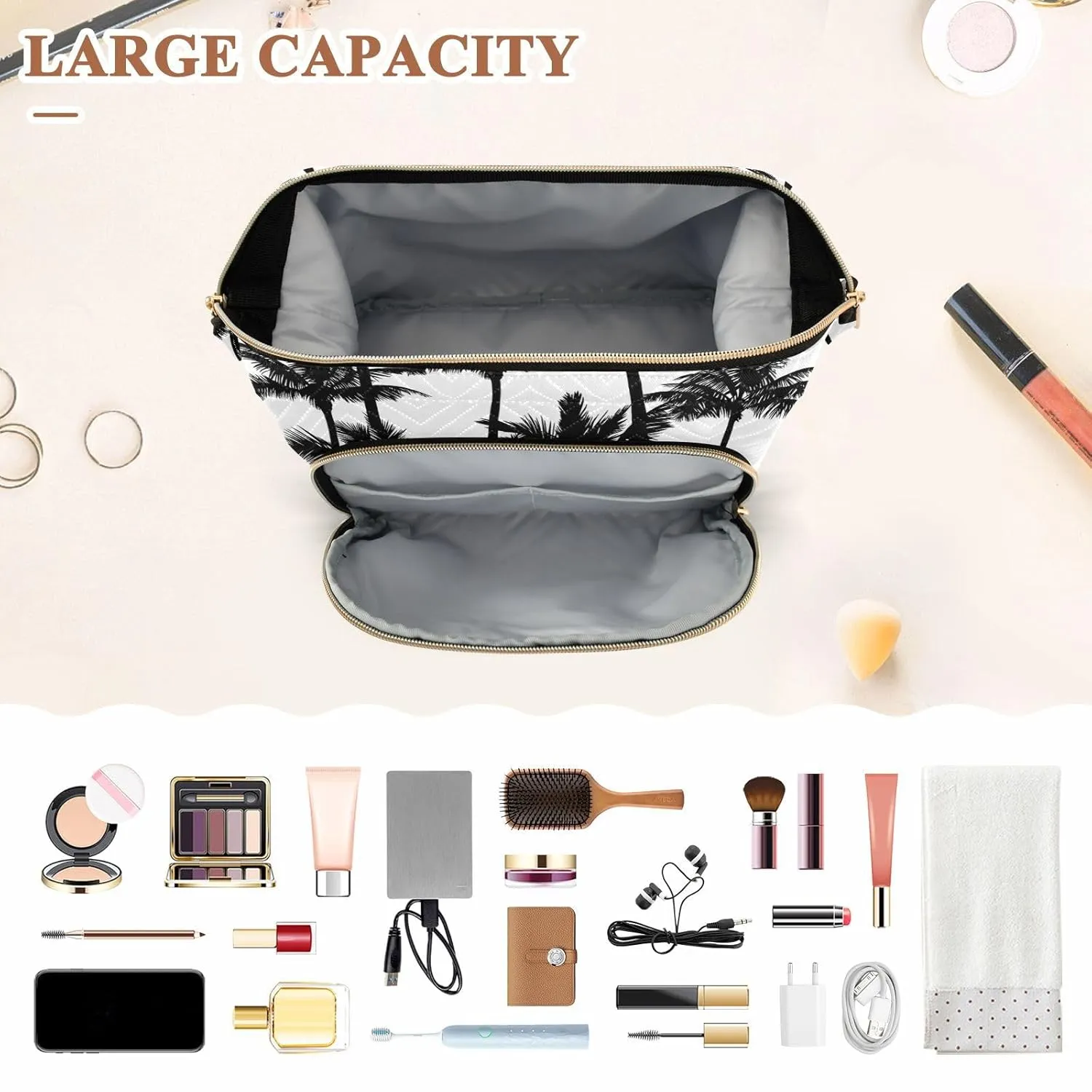 Women Wave Quilt Cosmetic Bag, Zipper Toiletry Storage 10.2x5.9x6.7 in, Pouch Handbag Makeup Case Purse Holder Organizer Print Black Palm Trees Seamless On White