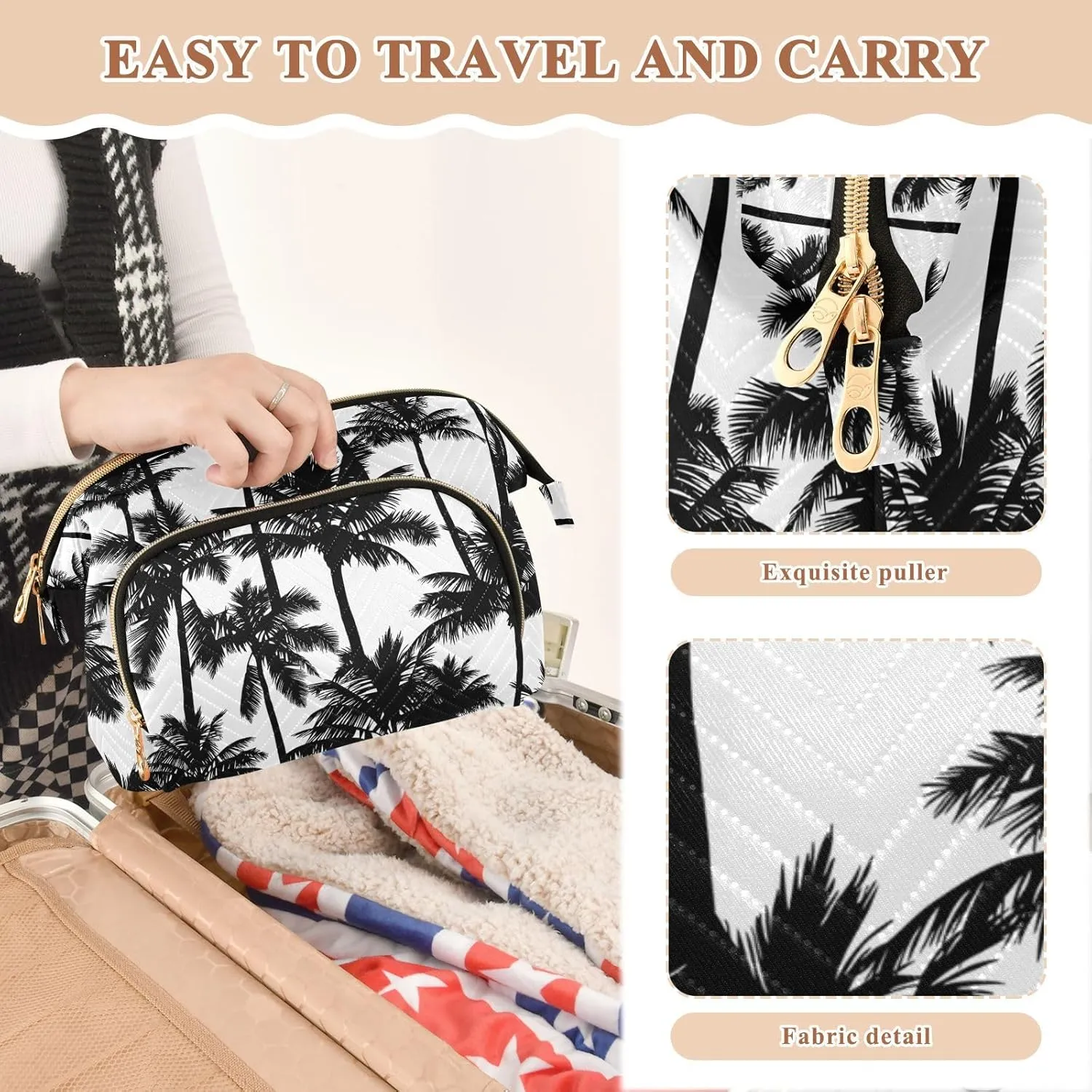 Women Wave Quilt Cosmetic Bag, Zipper Toiletry Storage 10.2x5.9x6.7 in, Pouch Handbag Makeup Case Purse Holder Organizer Print Black Palm Trees Seamless On White