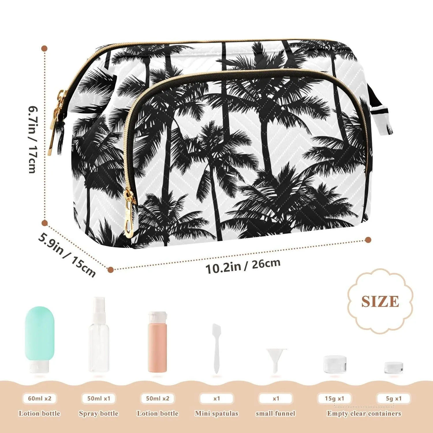 Women Wave Quilt Cosmetic Bag, Zipper Toiletry Storage 10.2x5.9x6.7 in, Pouch Handbag Makeup Case Purse Holder Organizer Print Black Palm Trees Seamless On White