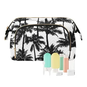 Women Wave Quilt Cosmetic Bag, Zipper Toiletry Storage 10.2x5.9x6.7 in, Pouch Handbag Makeup Case Purse Holder Organizer Print Black Palm Trees Seamless On White