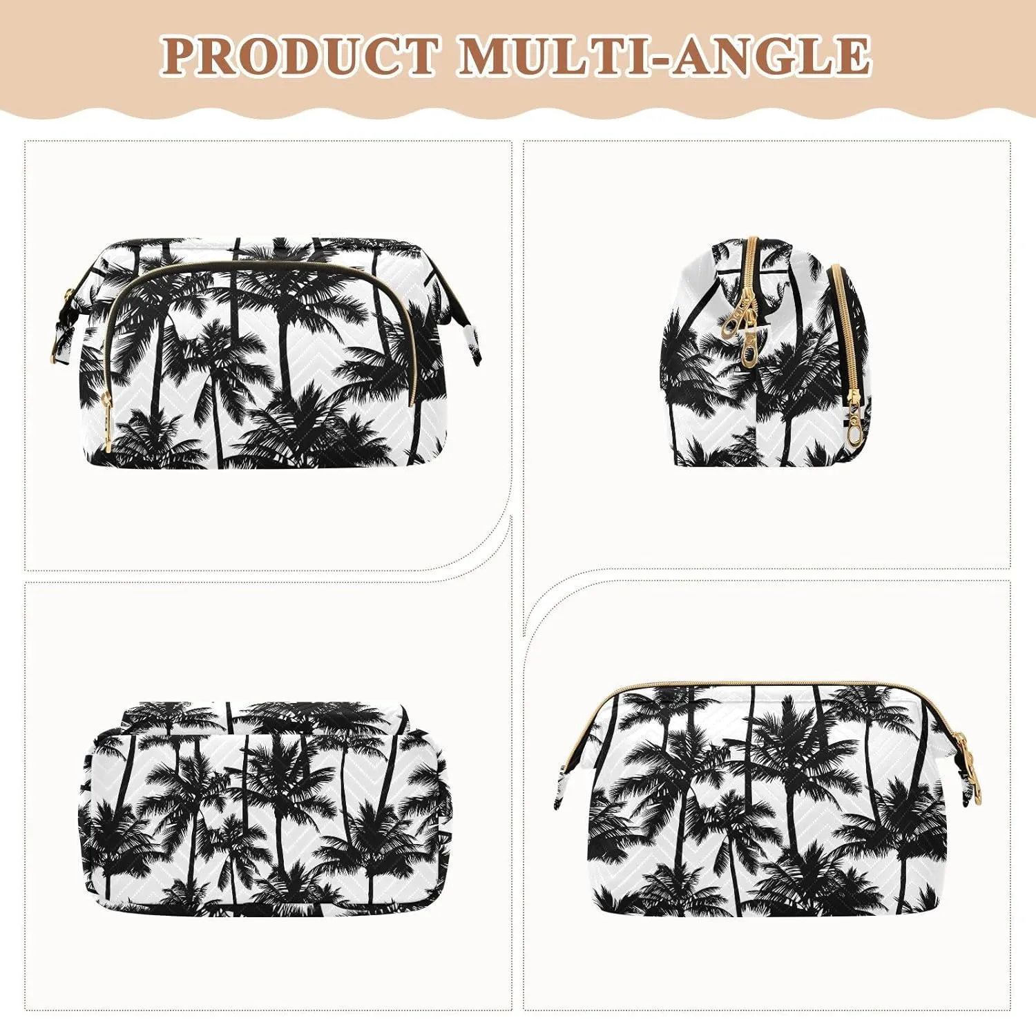Women Wave Quilt Cosmetic Bag, Zipper Toiletry Storage 10.2x5.9x6.7 in, Pouch Handbag Makeup Case Purse Holder Organizer Print Black Palm Trees Seamless On White