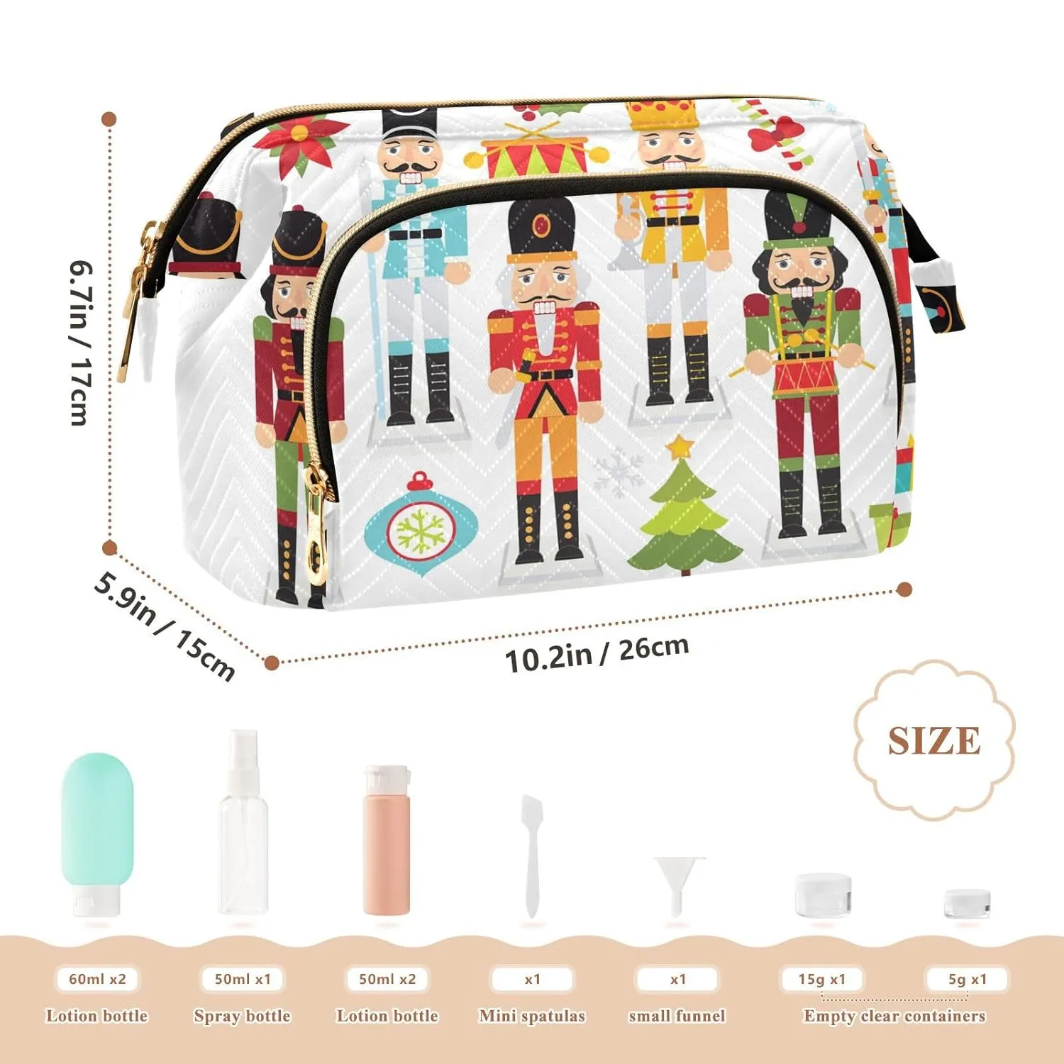 Women Wave Quilt Cosmetic Bag, Zipper Toiletry Storage 10.2x5.9x6.7 in, Pouch Handbag Makeup Case Purse Holder Organizer Print Christmas Nutcrackers Seamless On White