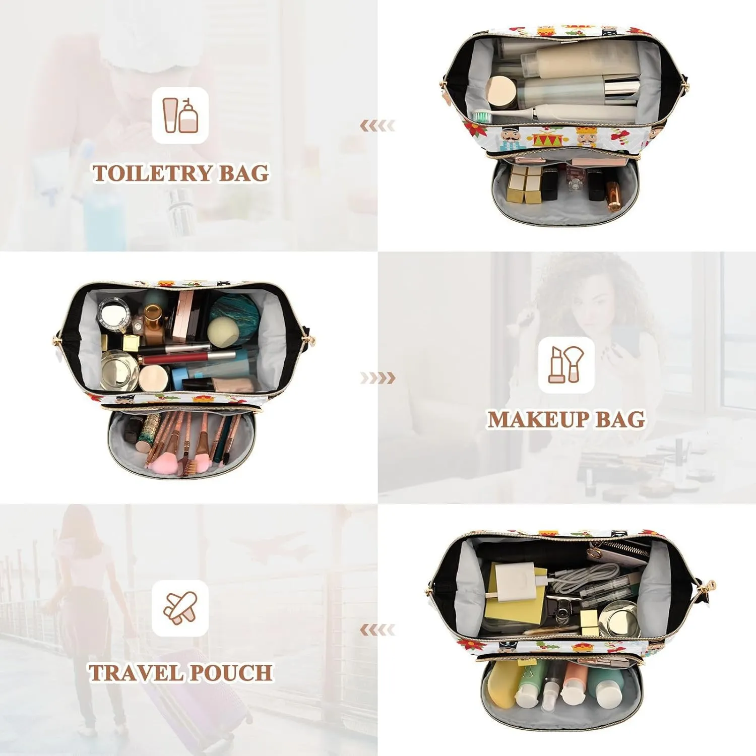 Women Wave Quilt Cosmetic Bag, Zipper Toiletry Storage 10.2x5.9x6.7 in, Pouch Handbag Makeup Case Purse Holder Organizer Print Christmas Nutcrackers Seamless On White