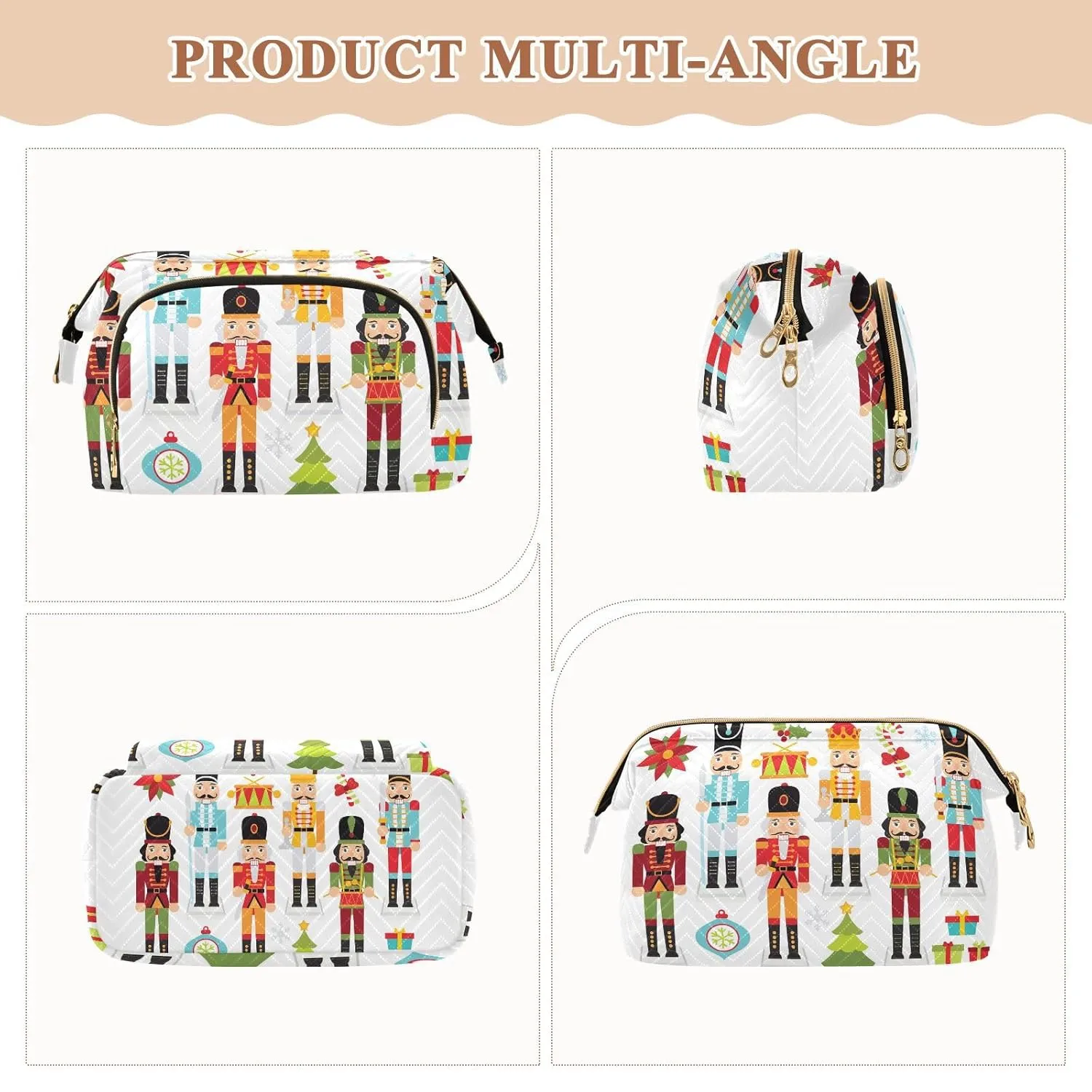 Women Wave Quilt Cosmetic Bag, Zipper Toiletry Storage 10.2x5.9x6.7 in, Pouch Handbag Makeup Case Purse Holder Organizer Print Christmas Nutcrackers Seamless On White