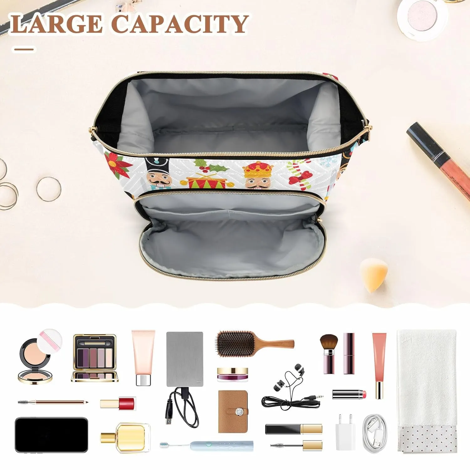 Women Wave Quilt Cosmetic Bag, Zipper Toiletry Storage 10.2x5.9x6.7 in, Pouch Handbag Makeup Case Purse Holder Organizer Print Christmas Nutcrackers Seamless On White