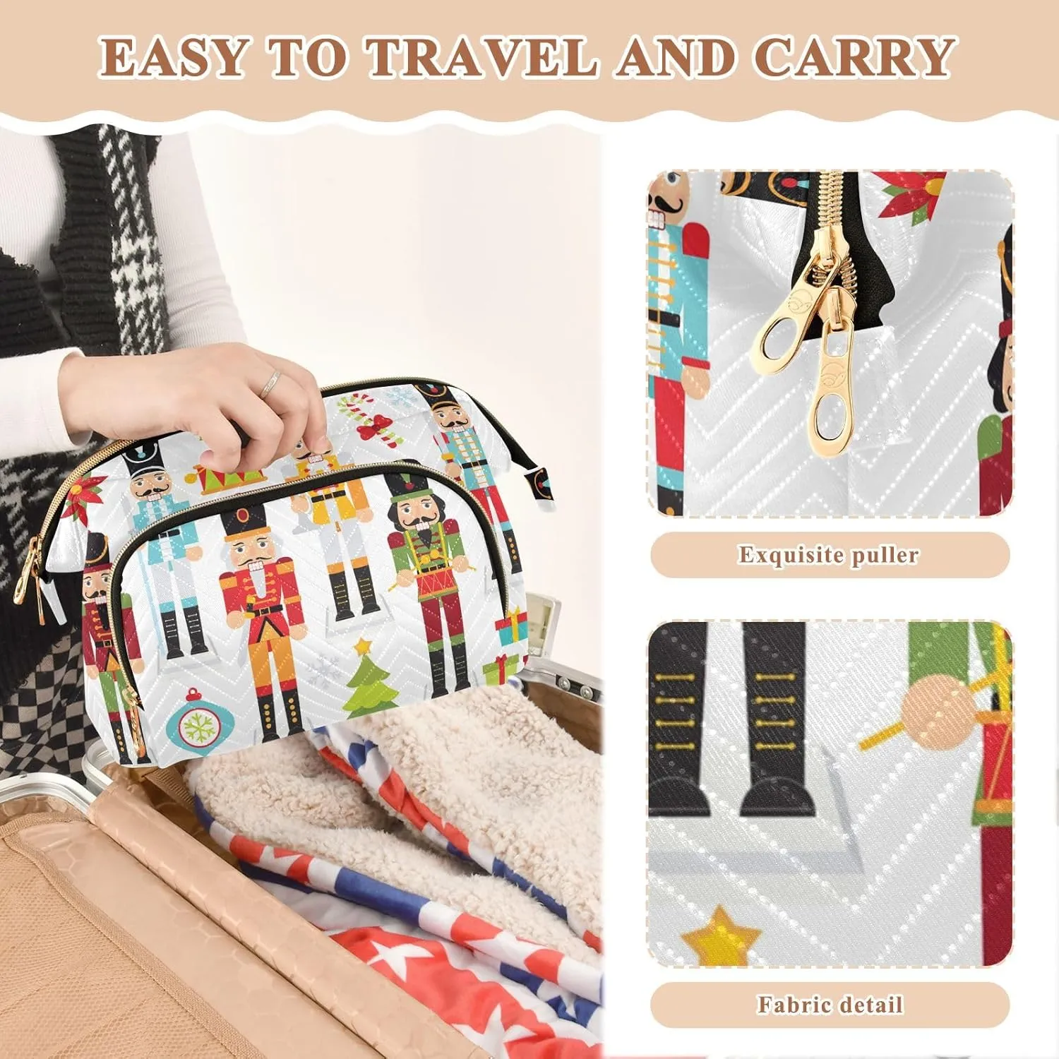 Women Wave Quilt Cosmetic Bag, Zipper Toiletry Storage 10.2x5.9x6.7 in, Pouch Handbag Makeup Case Purse Holder Organizer Print Christmas Nutcrackers Seamless On White