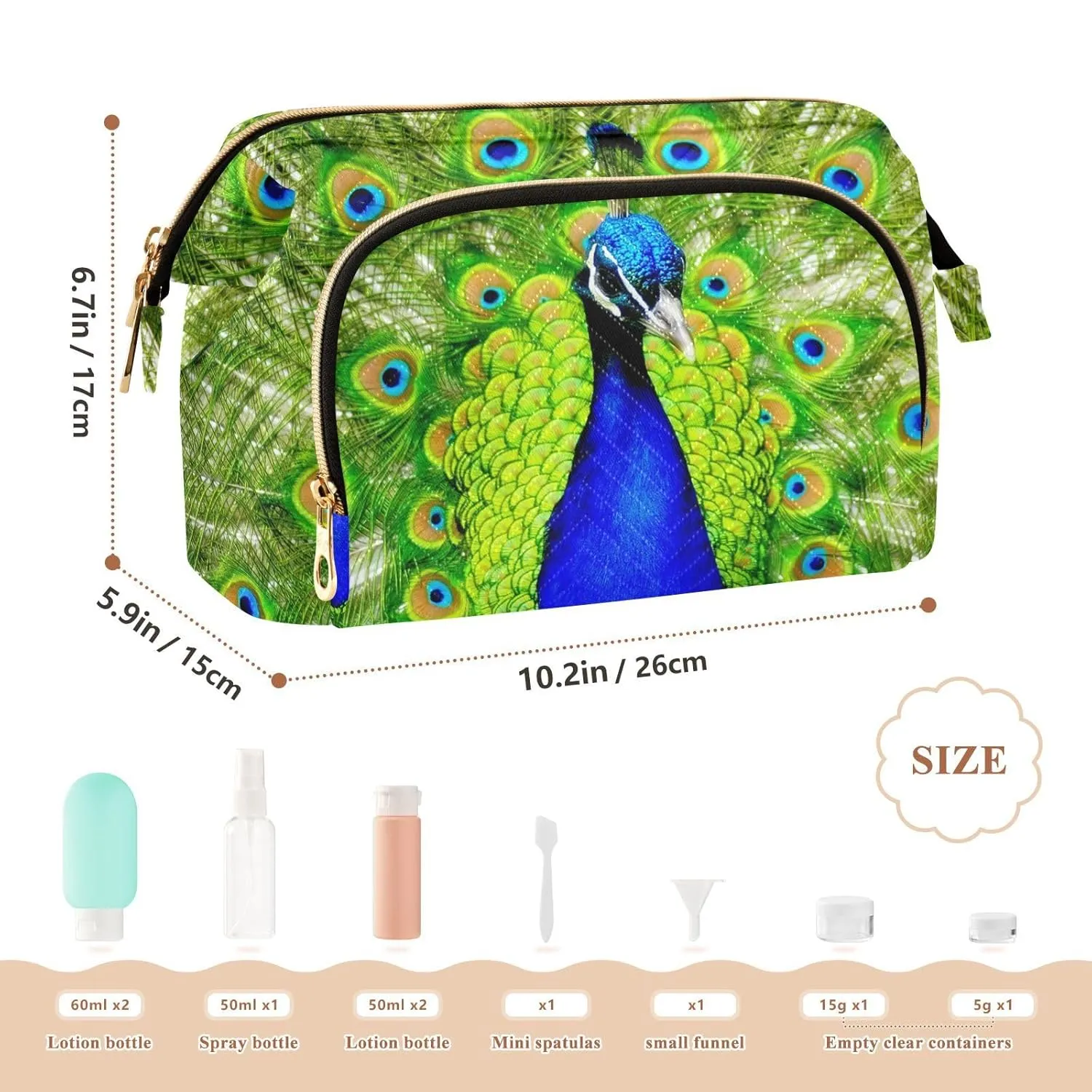 Women Wave Quilt Cosmetic Bag, Zipper Toiletry Storage 10.2x5.9x6.7 in, Pouch Handbag Makeup Case Purse Holder Organizer Print Peacock With Beautiful Feathers Green Blue Pattern