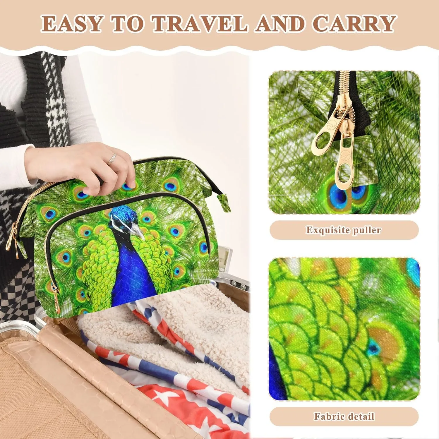 Women Wave Quilt Cosmetic Bag, Zipper Toiletry Storage 10.2x5.9x6.7 in, Pouch Handbag Makeup Case Purse Holder Organizer Print Peacock With Beautiful Feathers Green Blue Pattern