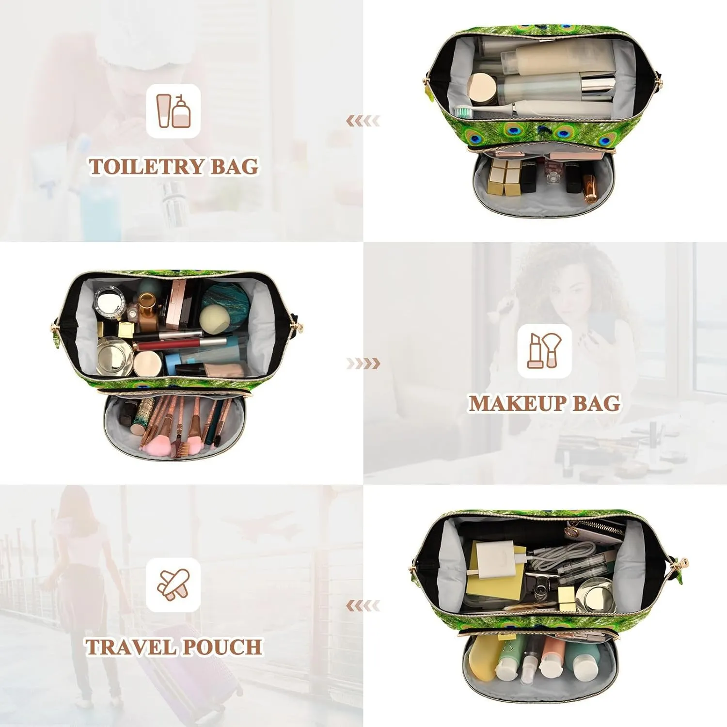 Women Wave Quilt Cosmetic Bag, Zipper Toiletry Storage 10.2x5.9x6.7 in, Pouch Handbag Makeup Case Purse Holder Organizer Print Peacock With Beautiful Feathers Green Blue Pattern