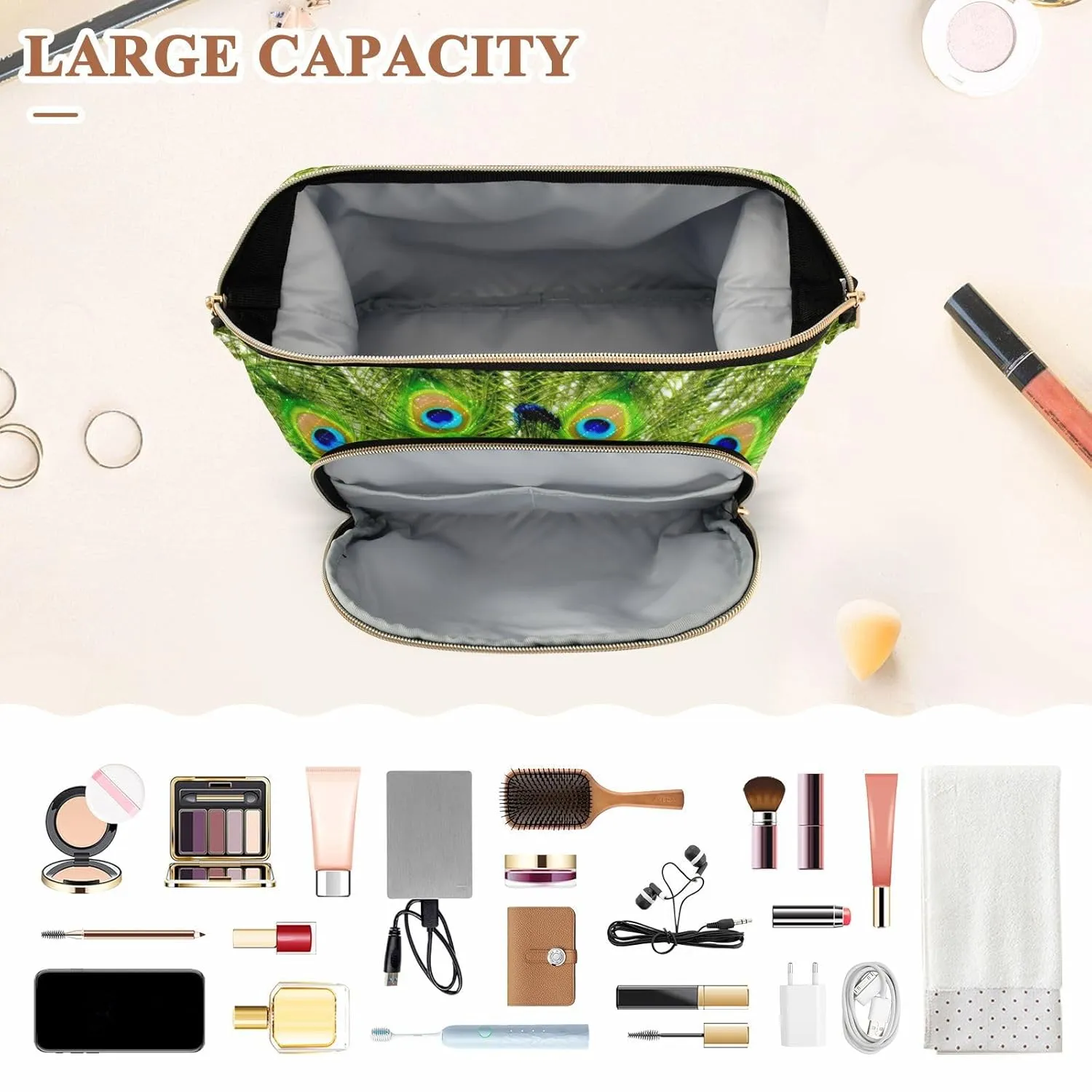 Women Wave Quilt Cosmetic Bag, Zipper Toiletry Storage 10.2x5.9x6.7 in, Pouch Handbag Makeup Case Purse Holder Organizer Print Peacock With Beautiful Feathers Green Blue Pattern