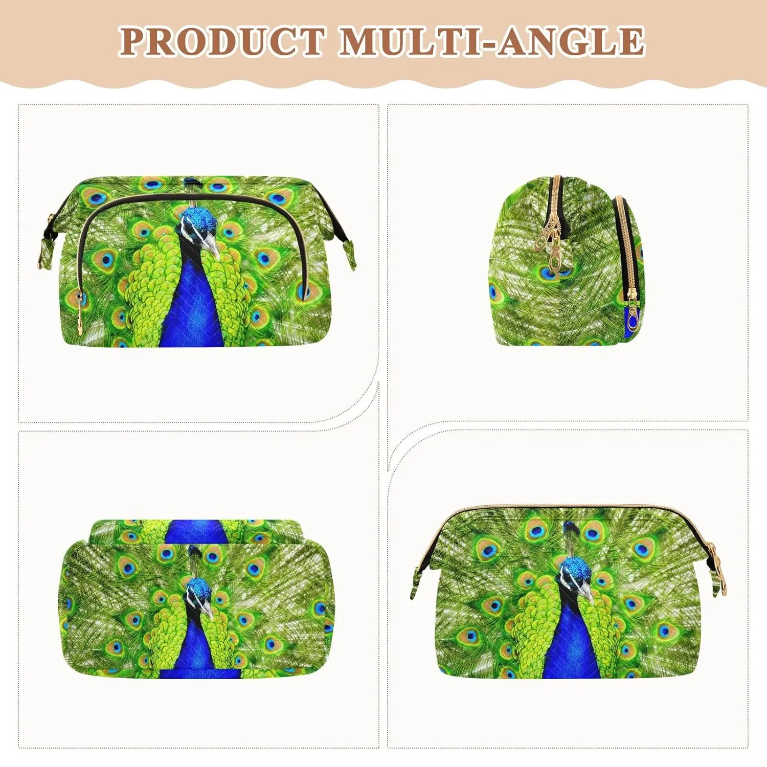 Women Wave Quilt Cosmetic Bag, Zipper Toiletry Storage 10.2x5.9x6.7 in, Pouch Handbag Makeup Case Purse Holder Organizer Print Peacock With Beautiful Feathers Green Blue Pattern