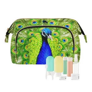 Women Wave Quilt Cosmetic Bag, Zipper Toiletry Storage 10.2x5.9x6.7 in, Pouch Handbag Makeup Case Purse Holder Organizer Print Peacock With Beautiful Feathers Green Blue Pattern