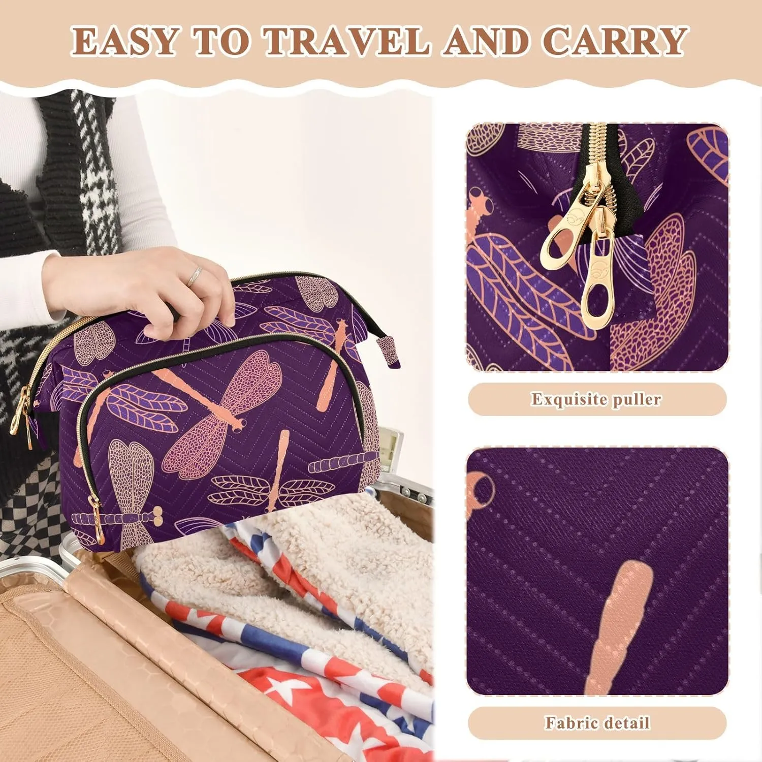 Women Wave Quilt Cosmetic Bag, Zipper Toiletry Storage 10.2x5.9x6.7 in, Pouch Handbag Makeup Case Purse Holder Organizer Print Stylized Dragonflies Pink Purple