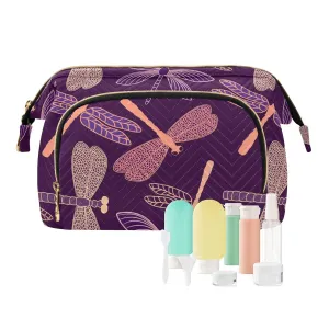Women Wave Quilt Cosmetic Bag, Zipper Toiletry Storage 10.2x5.9x6.7 in, Pouch Handbag Makeup Case Purse Holder Organizer Print Stylized Dragonflies Pink Purple