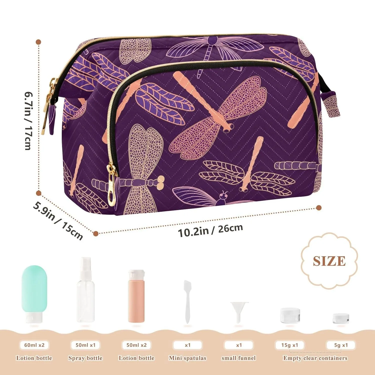 Women Wave Quilt Cosmetic Bag, Zipper Toiletry Storage 10.2x5.9x6.7 in, Pouch Handbag Makeup Case Purse Holder Organizer Print Stylized Dragonflies Pink Purple