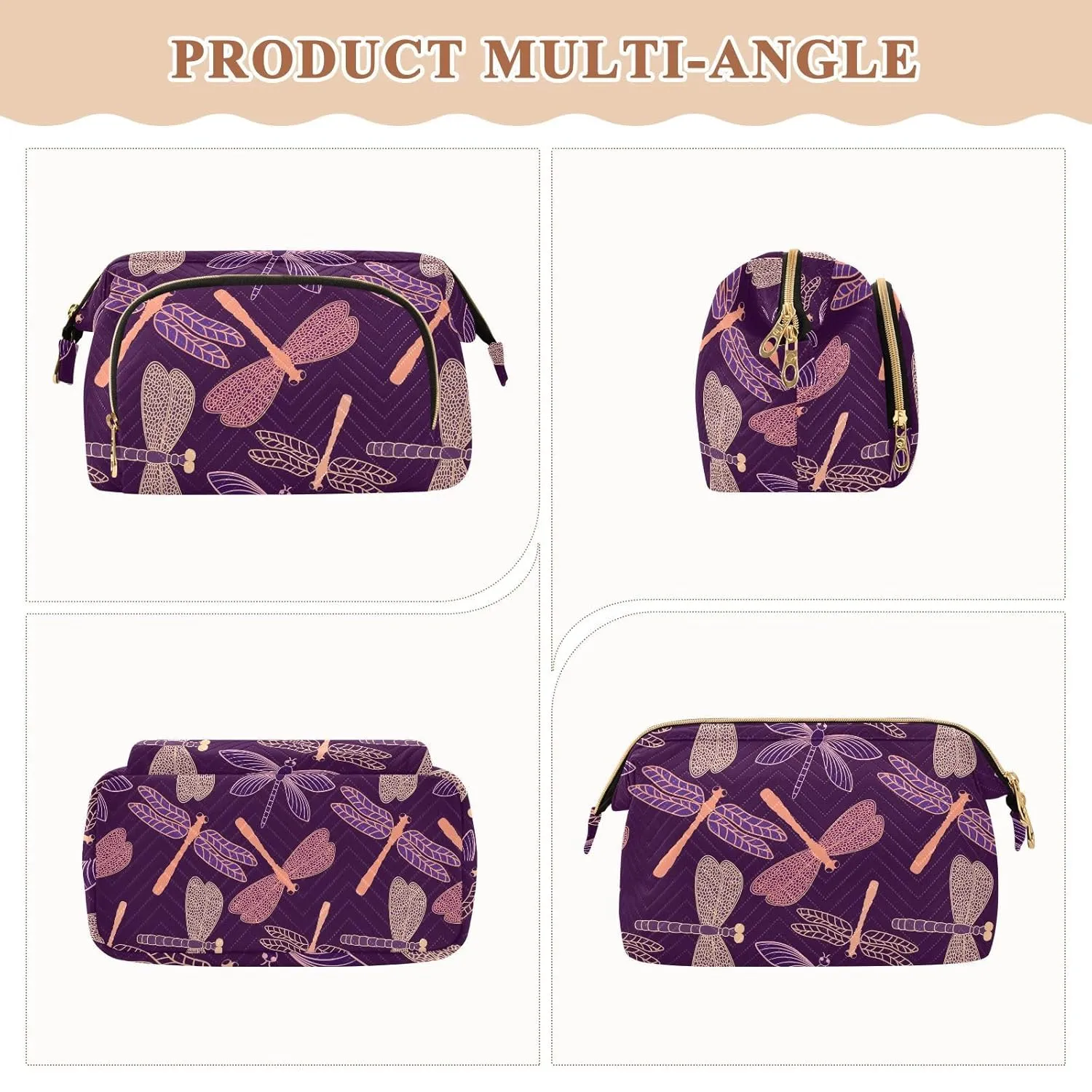 Women Wave Quilt Cosmetic Bag, Zipper Toiletry Storage 10.2x5.9x6.7 in, Pouch Handbag Makeup Case Purse Holder Organizer Print Stylized Dragonflies Pink Purple