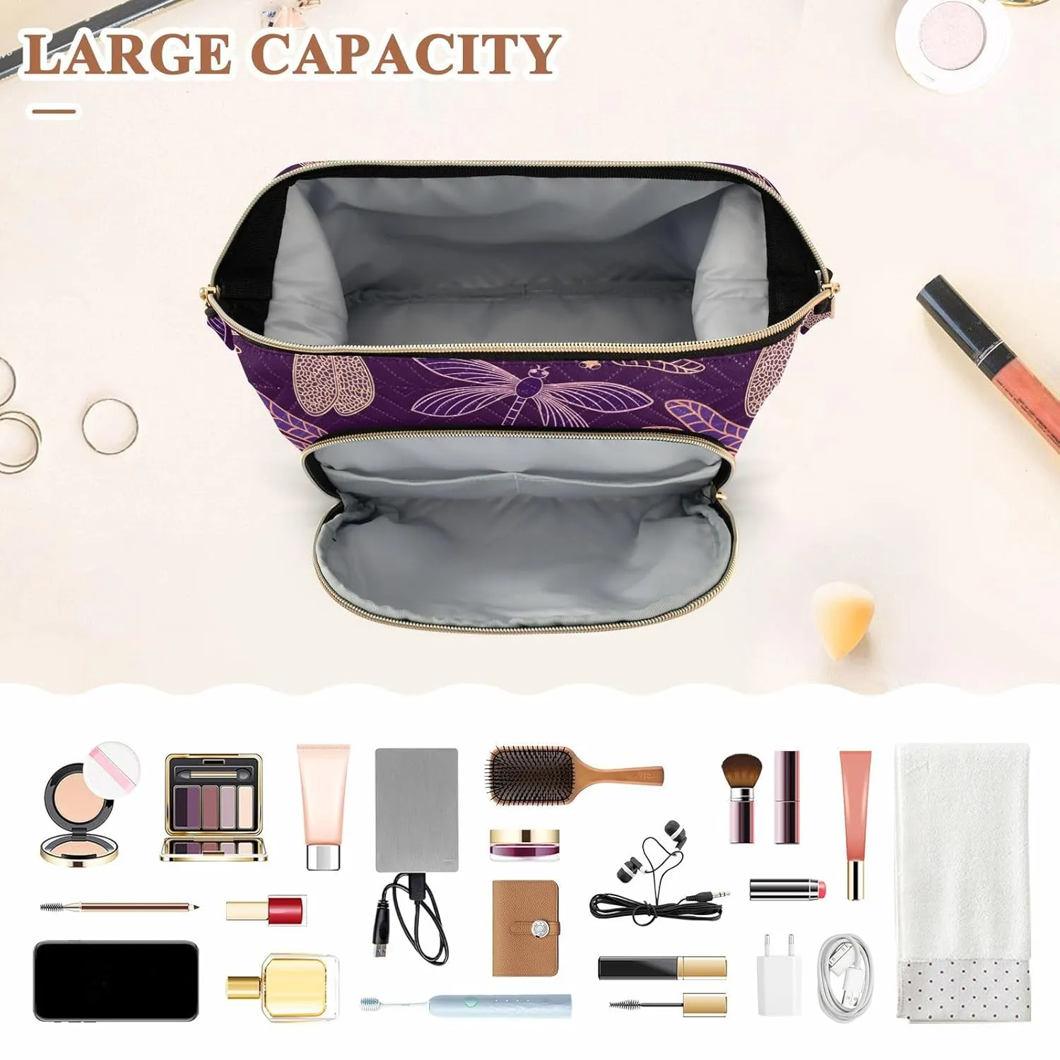 Women Wave Quilt Cosmetic Bag, Zipper Toiletry Storage 10.2x5.9x6.7 in, Pouch Handbag Makeup Case Purse Holder Organizer Print Stylized Dragonflies Pink Purple