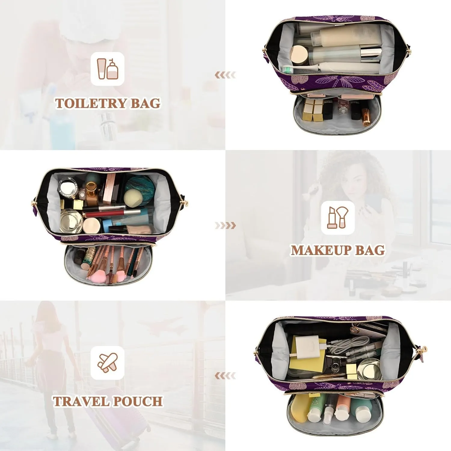 Women Wave Quilt Cosmetic Bag, Zipper Toiletry Storage 10.2x5.9x6.7 in, Pouch Handbag Makeup Case Purse Holder Organizer Print Stylized Dragonflies Pink Purple