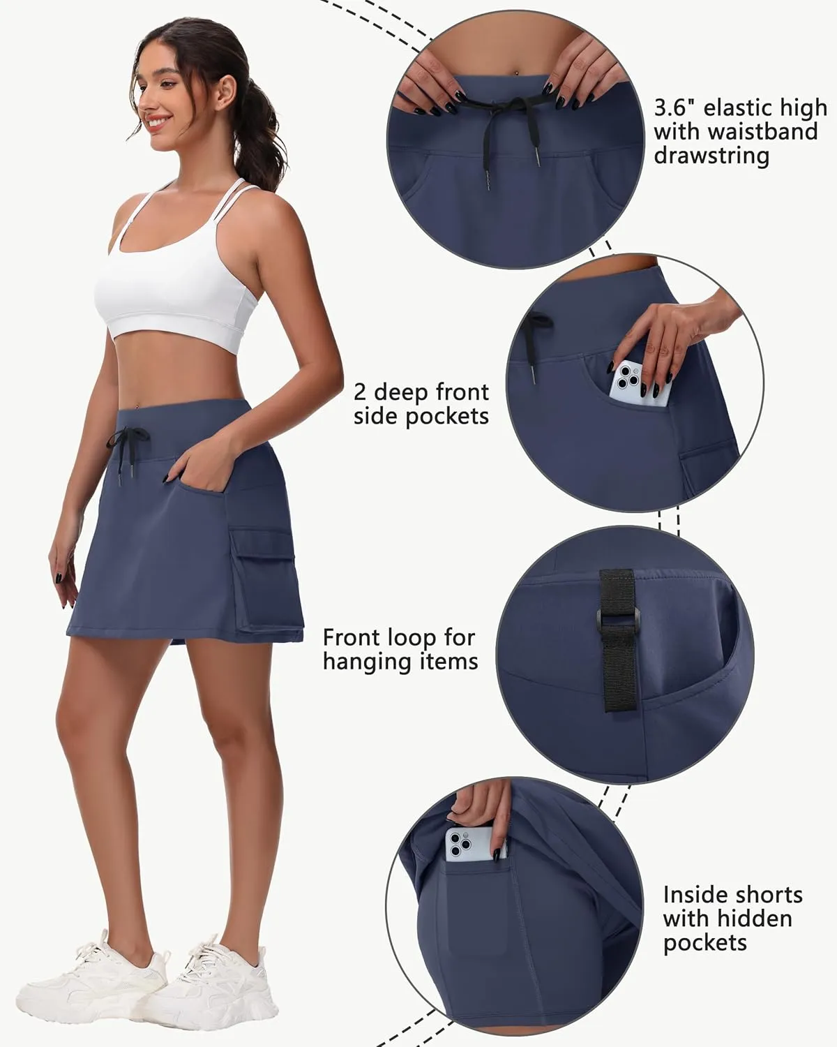 Women's 16" 20" Hiking Cargo Skort Skirt - High Waisted Golf Dressy Casual Workout Sport Skirt with Liner Quick Dry
