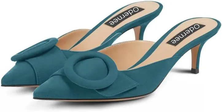 Women's 2 Inch Pointed Toe Round Buckle Suede Kitten Low Heel Mules Slip On Backless Slides Loafer Shoes