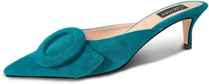 Women's 2 Inch Pointed Toe Round Buckle Suede Kitten Low Heel Mules Slip On Backless Slides Loafer Shoes