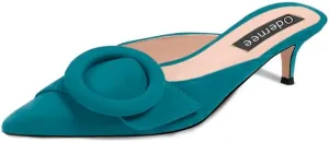 Women's 2 Inch Pointed Toe Round Buckle Suede Kitten Low Heel Mules Slip On Backless Slides Loafer Shoes
