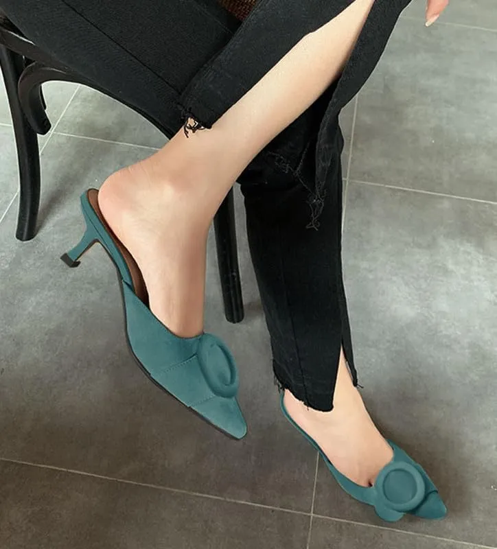 Women's 2 Inch Pointed Toe Round Buckle Suede Kitten Low Heel Mules Slip On Backless Slides Loafer Shoes