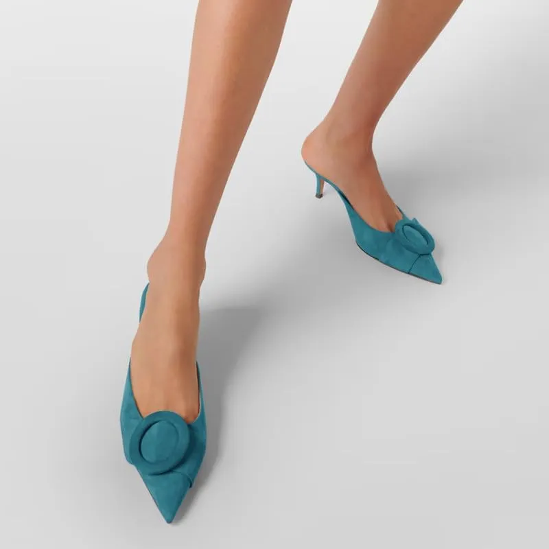 Women's 2 Inch Pointed Toe Round Buckle Suede Kitten Low Heel Mules Slip On Backless Slides Loafer Shoes