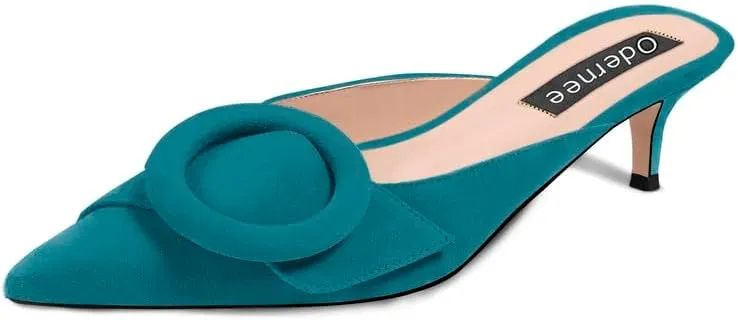 Women's 2 Inch Pointed Toe Round Buckle Suede Kitten Low Heel Mules Slip On Backless Slides Loafer Shoes