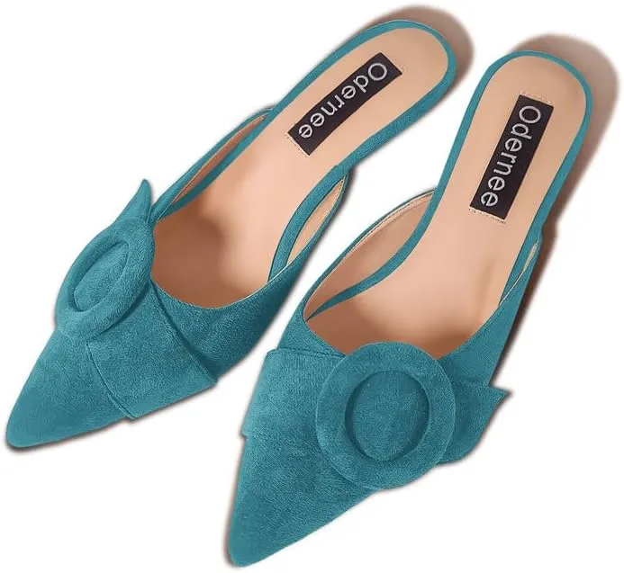 Women's 2 Inch Pointed Toe Round Buckle Suede Kitten Low Heel Mules Slip On Backless Slides Loafer Shoes