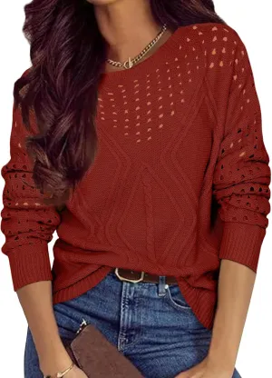 Womens 2025 Spring Sweaters Oversized Crewneck Cable Knit Pullover Crochet Hollow Out Chunky Jumper Casual Tunic Tops