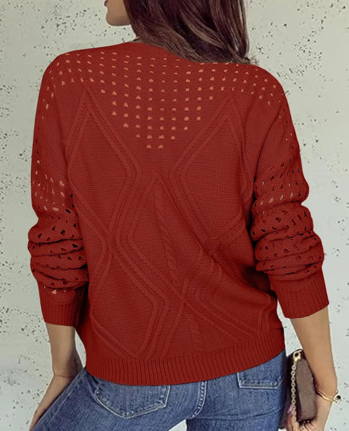 Womens 2025 Spring Sweaters Oversized Crewneck Cable Knit Pullover Crochet Hollow Out Chunky Jumper Casual Tunic Tops