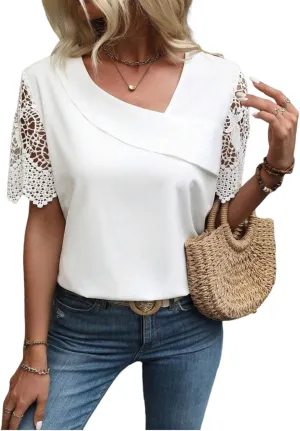 Women's 2025 Summer White Sexy Oblique V Neck Lace Short Sleeved Shirt Casual Fashion Loose Dating Versatile Tops