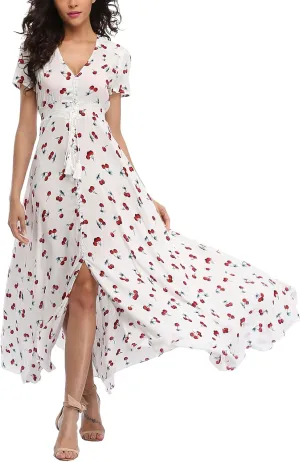 Women's Boho Floral Maxi Dress Summer Button Up Split Flowy Beach Party Dress